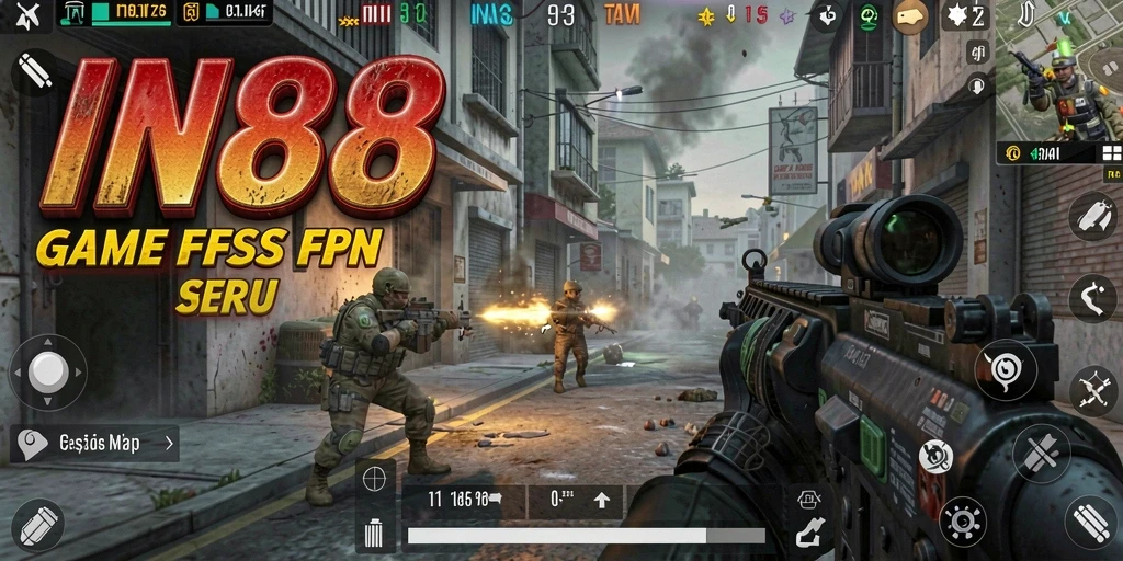 Screenshot IN88 menampilkan aksi tembak-menembak yang intens di peta kota.