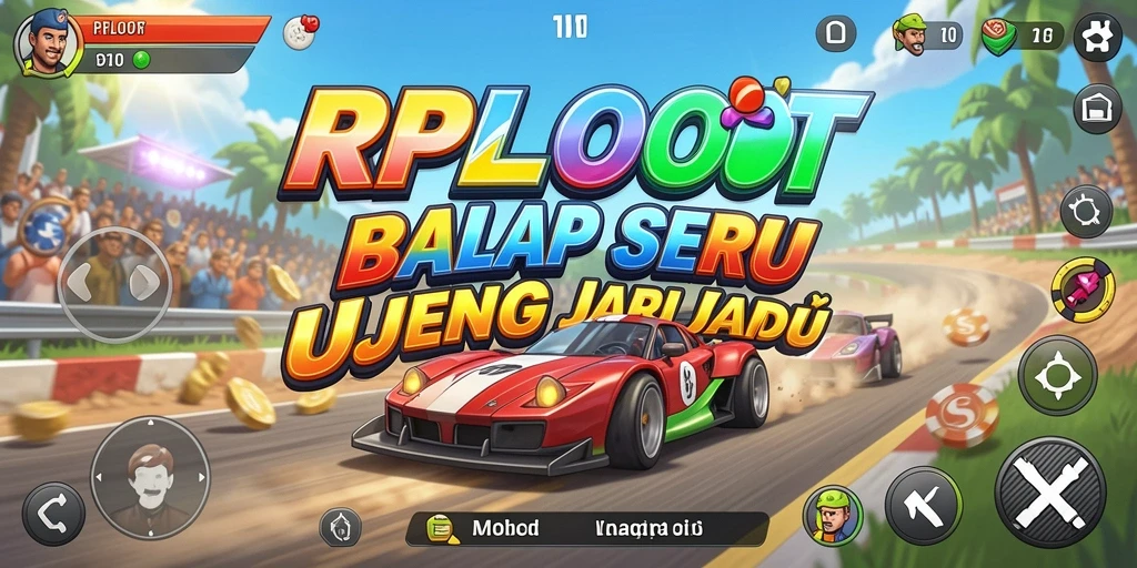 Screenshot gameplay RPLOOT menampilkan balapan menegangkan di lintasan yang berliku.